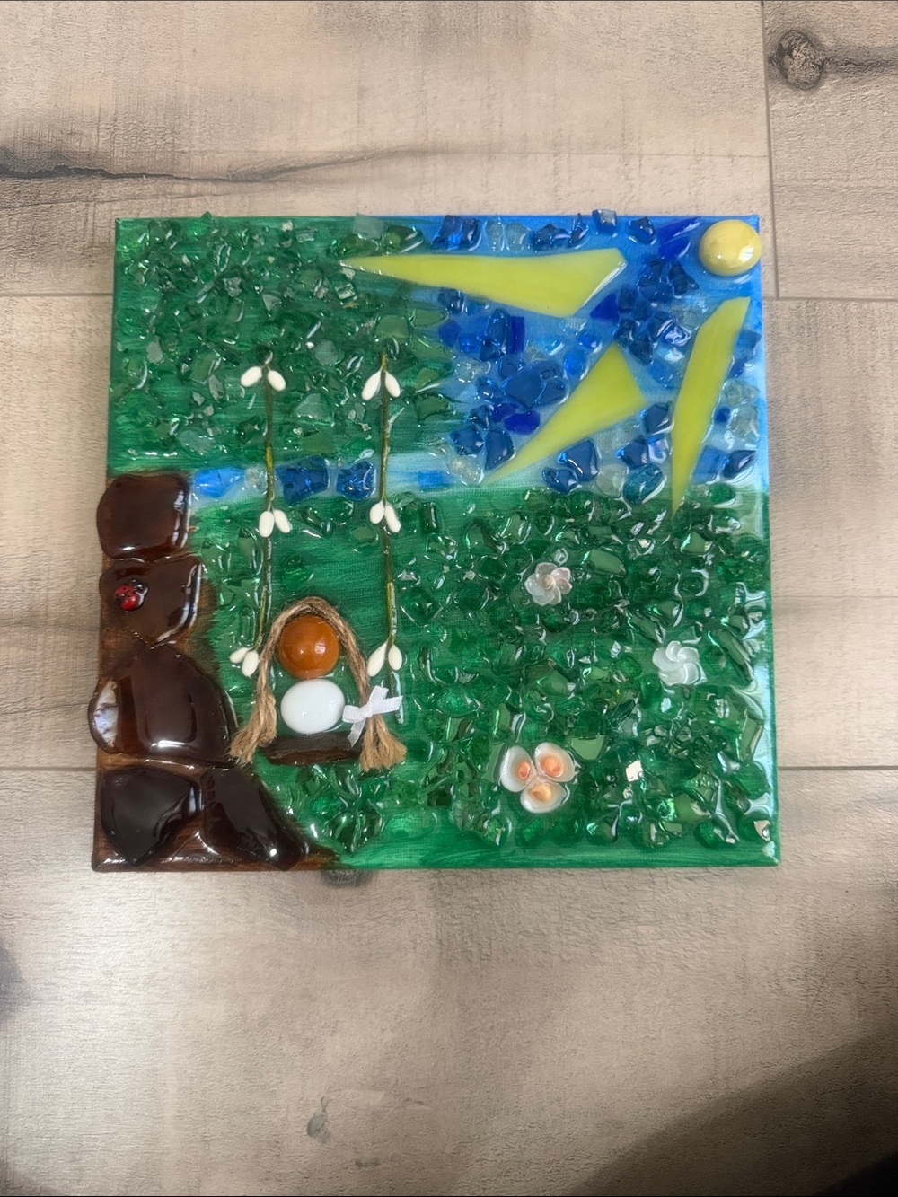 Handmade Glass Mosaic Wall Art - Green and Blue Garden Scene